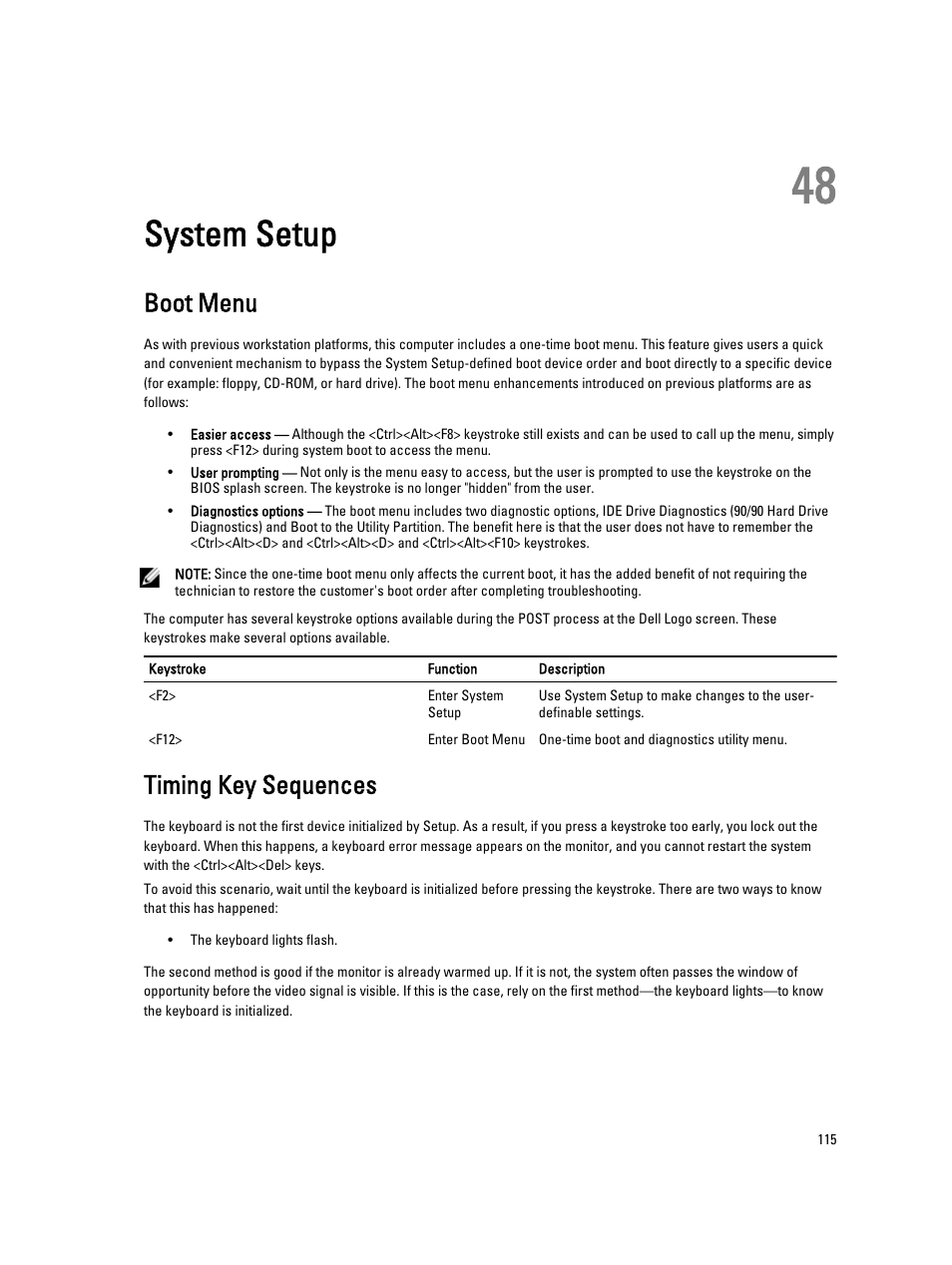 System setup, Boot menu, Timing key sequences | 48 system setup | Dell Precision R7610 (Mid 2013) User Manual | Page 115 / 123