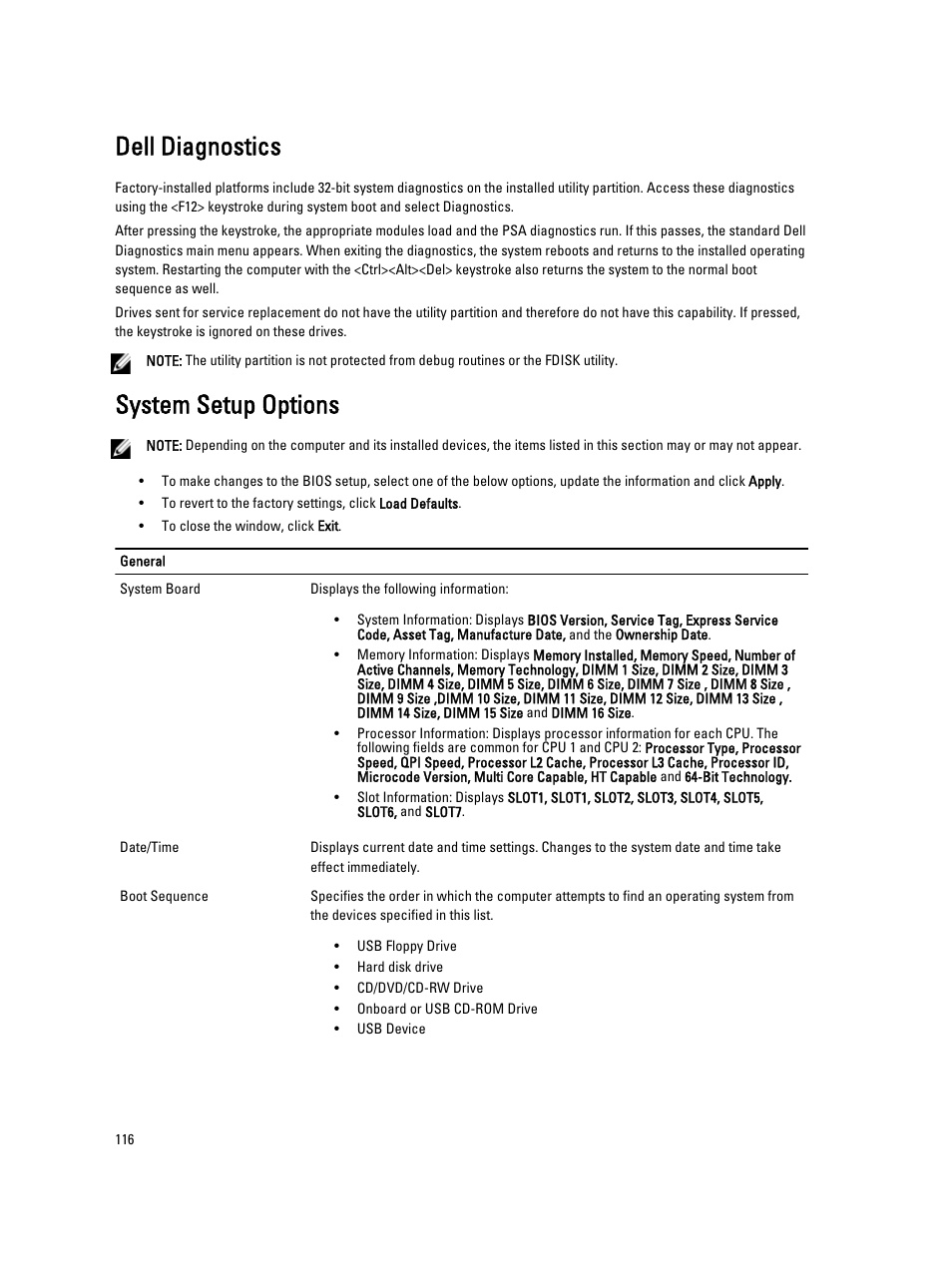 Dell diagnostics, System setup options | Dell Precision R7610 (Mid 2013) User Manual | Page 116 / 123