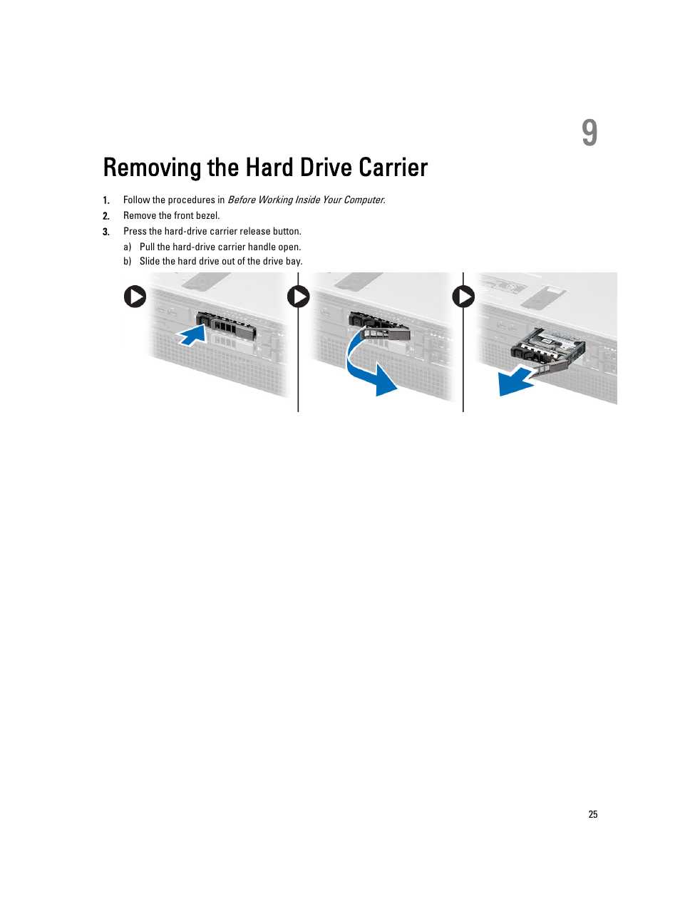 Removing the hard drive carrier, 9 removing the hard drive carrier | Dell Precision R7610 (Mid 2013) User Manual | Page 25 / 123