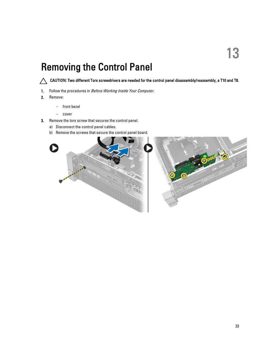 Removing the control panel, 13 removing the control panel | Dell Precision R7610 (Mid 2013) User Manual | Page 33 / 123