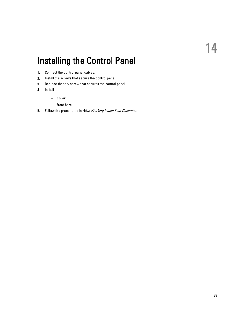 Installing the control panel, 14 installing the control panel | Dell Precision R7610 (Mid 2013) User Manual | Page 35 / 123