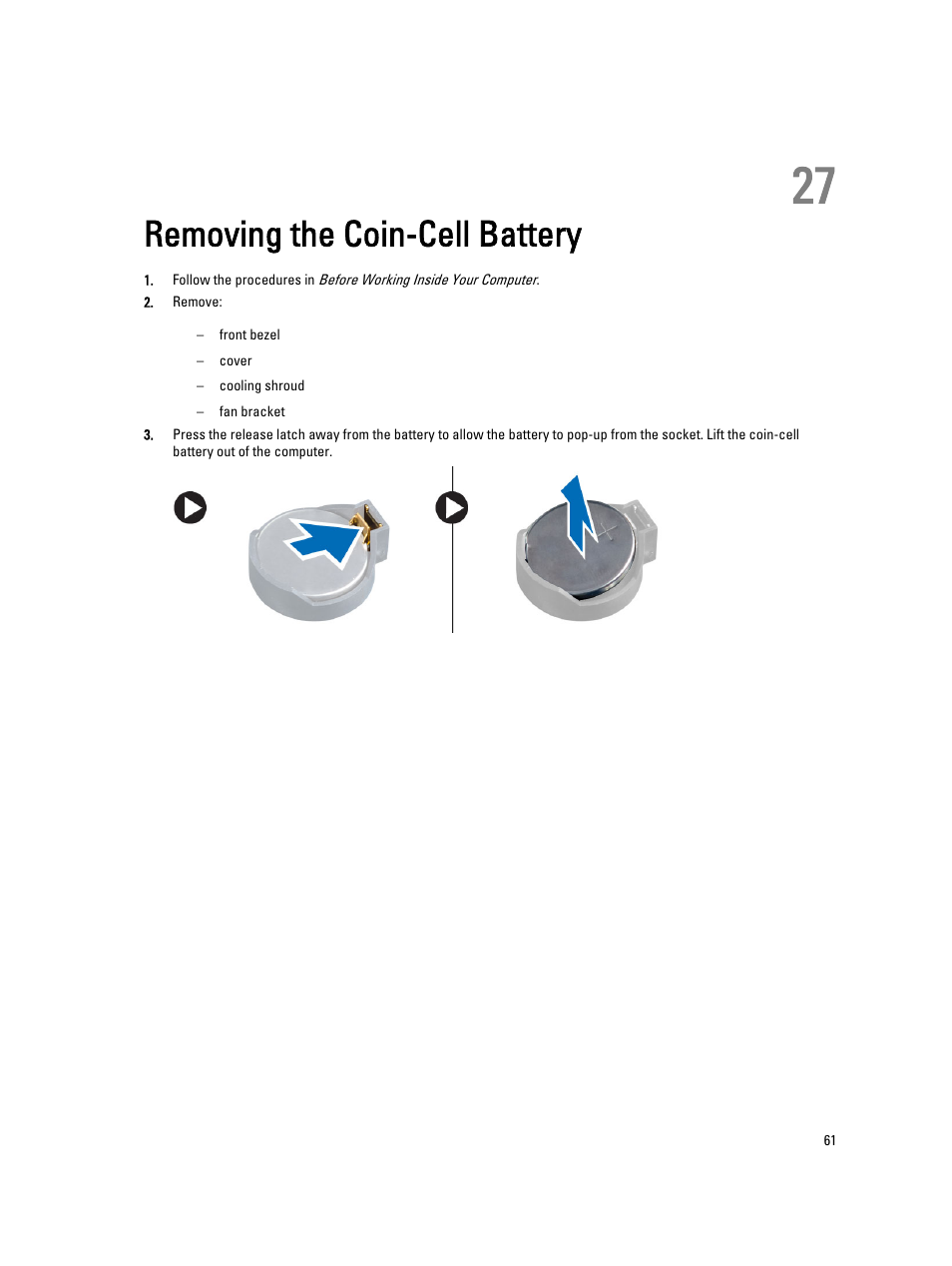 Removing the coin-cell battery, 27 removing the coin-cell battery | Dell Precision R7610 (Mid 2013) User Manual | Page 61 / 123