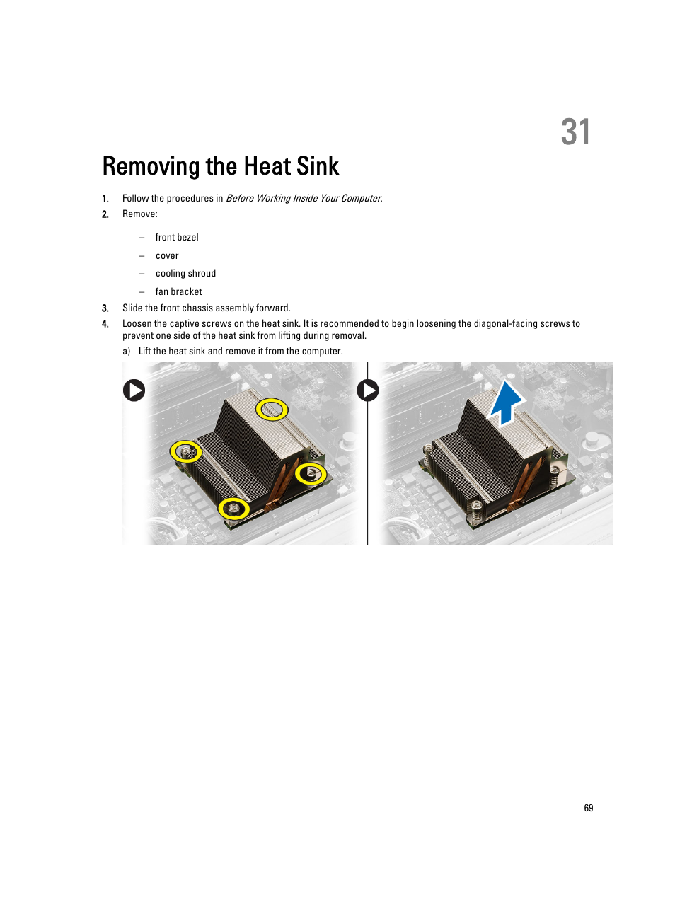 Removing the heat sink, 31 removing the heat sink | Dell Precision R7610 (Mid 2013) User Manual | Page 69 / 123