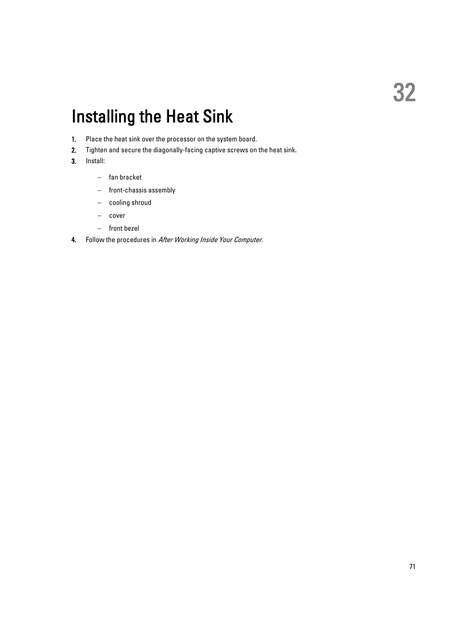 Installing the heat sink, 32 installing the heat sink | Dell Precision R7610 (Mid 2013) User Manual | Page 71 / 123