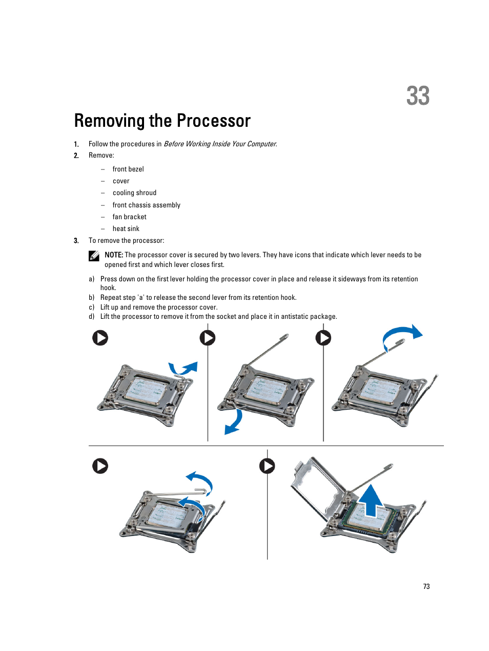 Removing the processor, 33 removing the processor | Dell Precision R7610 (Mid 2013) User Manual | Page 73 / 123