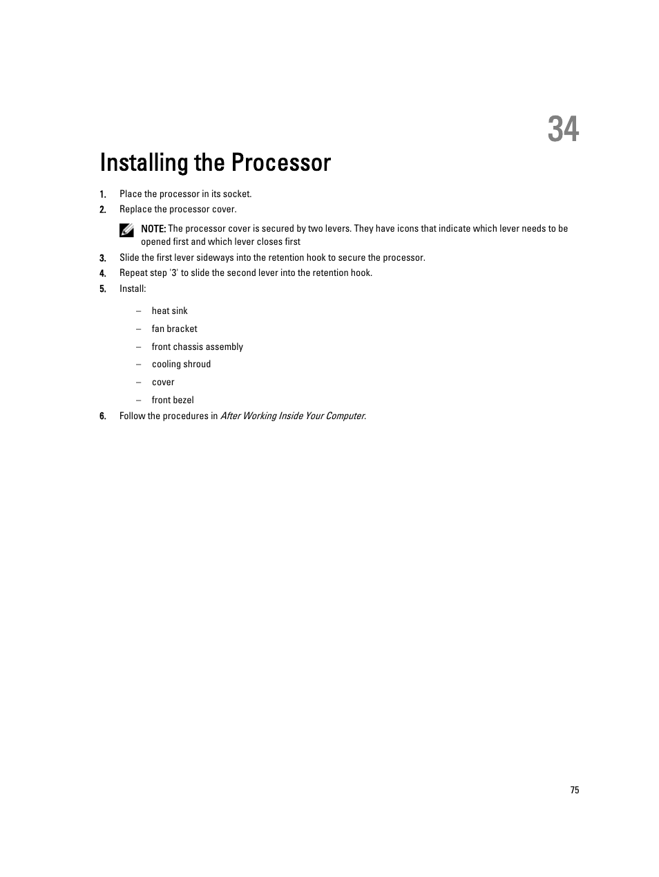 Installing the processor, 34 installing the processor | Dell Precision R7610 (Mid 2013) User Manual | Page 75 / 123