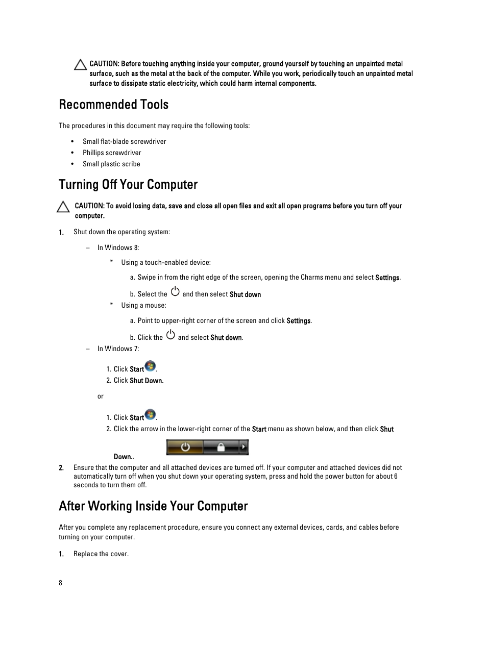 Recommended tools, Turning off your computer, After working inside your computer | Dell Precision R7610 (Mid 2013) User Manual | Page 8 / 123