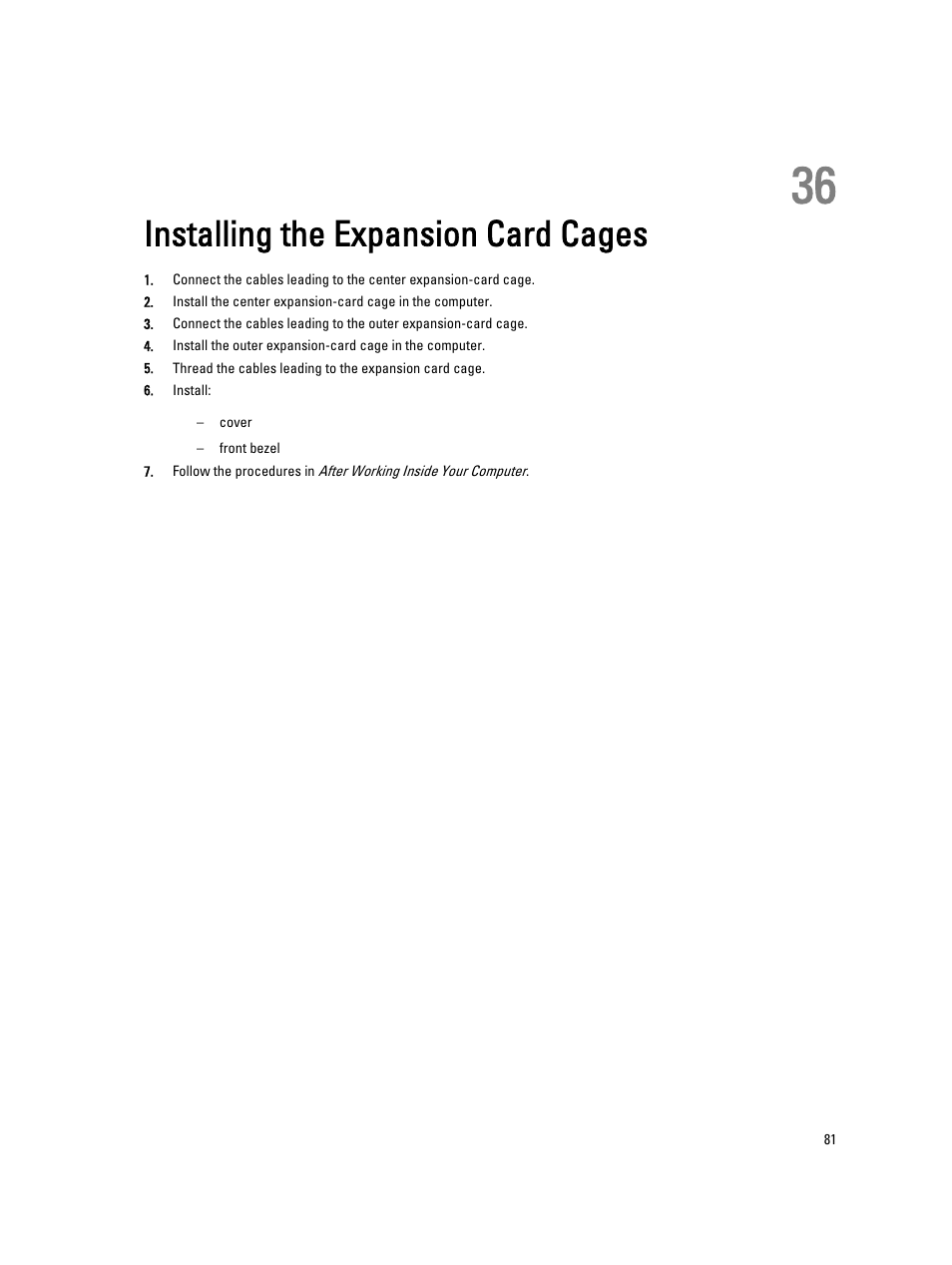 Installing the expansion card cages, 36 installing the expansion card cages | Dell Precision R7610 (Mid 2013) User Manual | Page 81 / 123