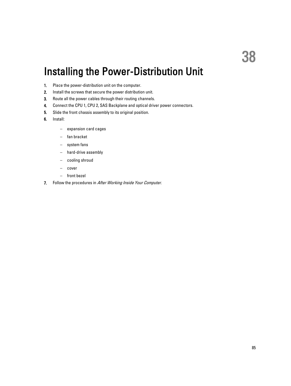 Installing the power-distribution unit, 38 installing the power-distribution unit | Dell Precision R7610 (Mid 2013) User Manual | Page 85 / 123