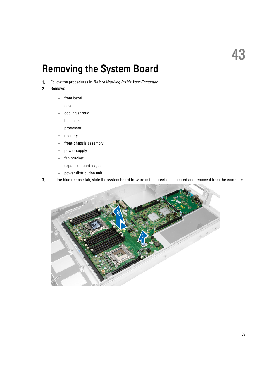 Removing the system board, 43 removing the system board | Dell Precision R7610 (Mid 2013) User Manual | Page 95 / 123