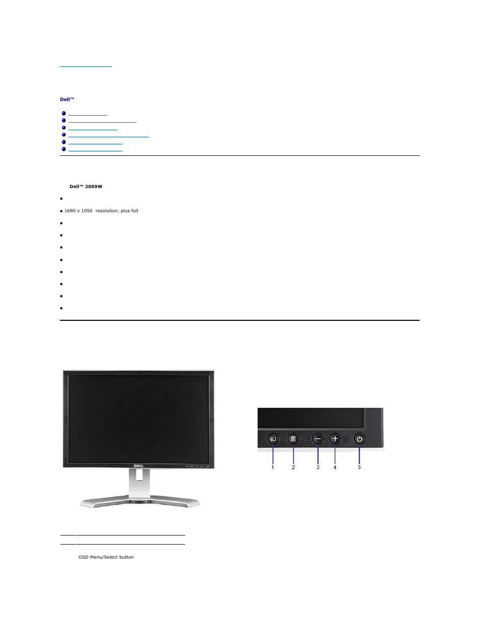 About your monitor, Product features, Identifying parts and features front view | Dell 2009WFP Monitor User Manual | Page 2 / 26