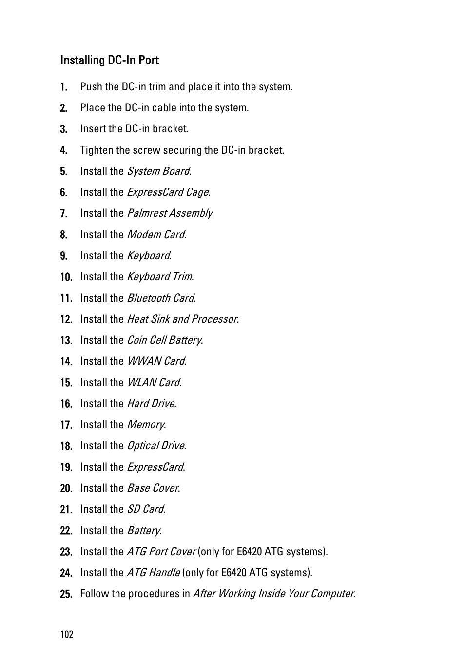 Installing dc-in port | Dell Latitude E6420 (Early 2011) User Manual | Page 102 / 145