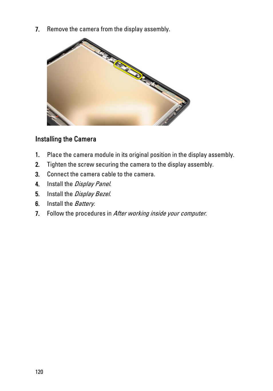 Installing the camera | Dell Latitude E6420 (Early 2011) User Manual | Page 120 / 145