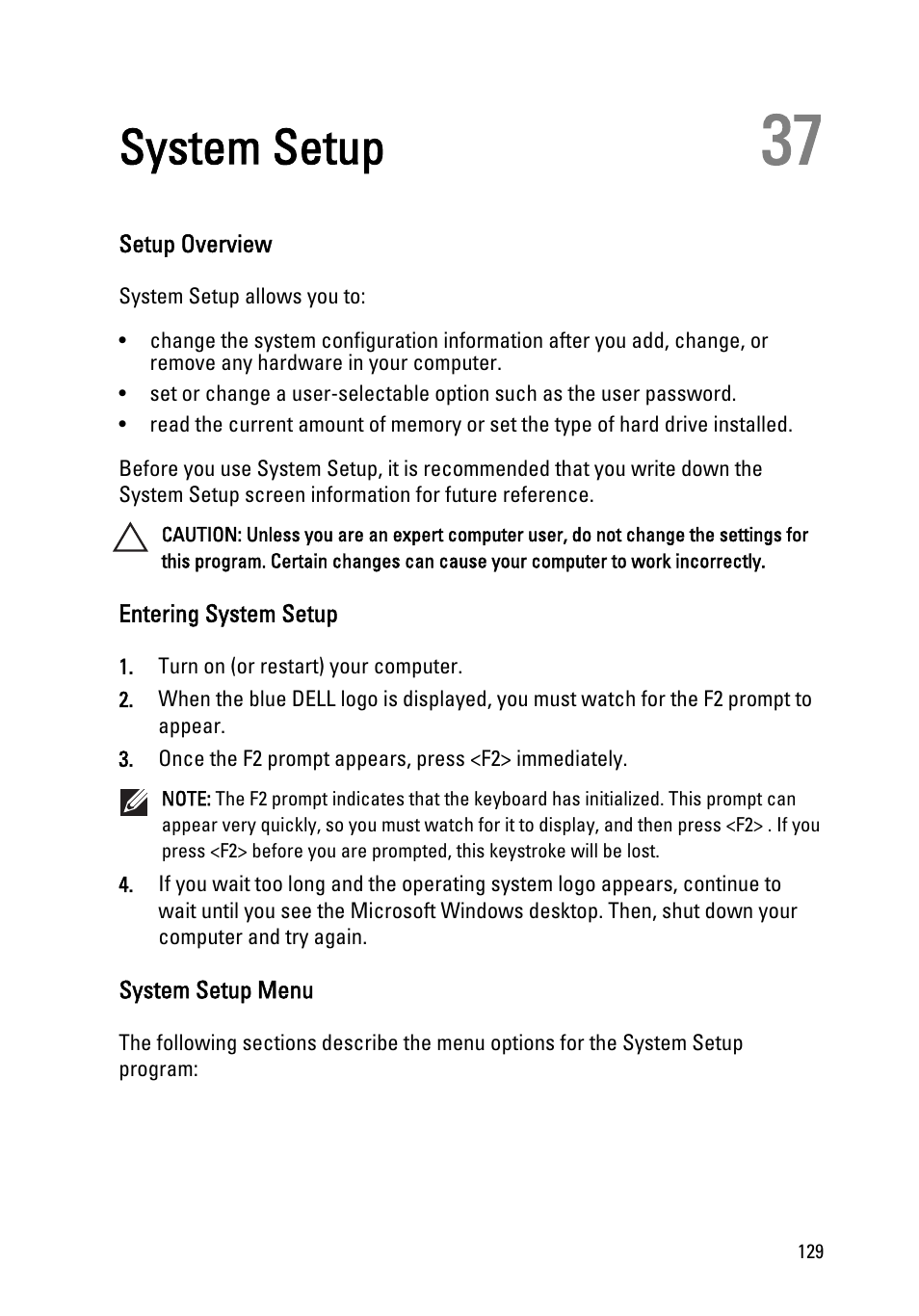 System setup, Setup overview, Entering system setup | System setup menu, 37 system setup | Dell Latitude E6420 (Early 2011) User Manual | Page 129 / 145