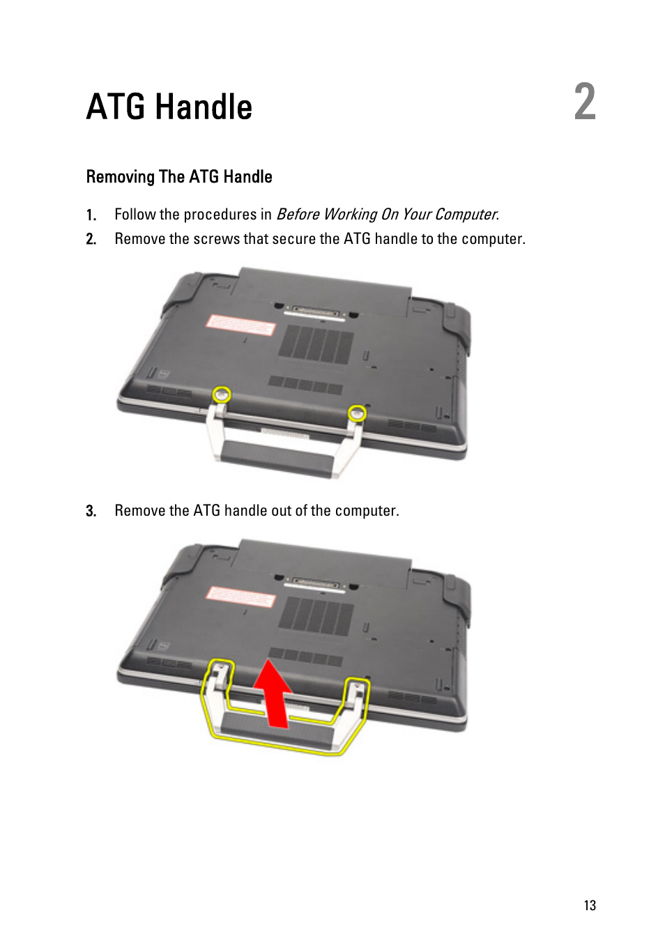 Atg handle, Removing the atg handle, 2 atg handle | Dell Latitude E6420 (Early 2011) User Manual | Page 13 / 145