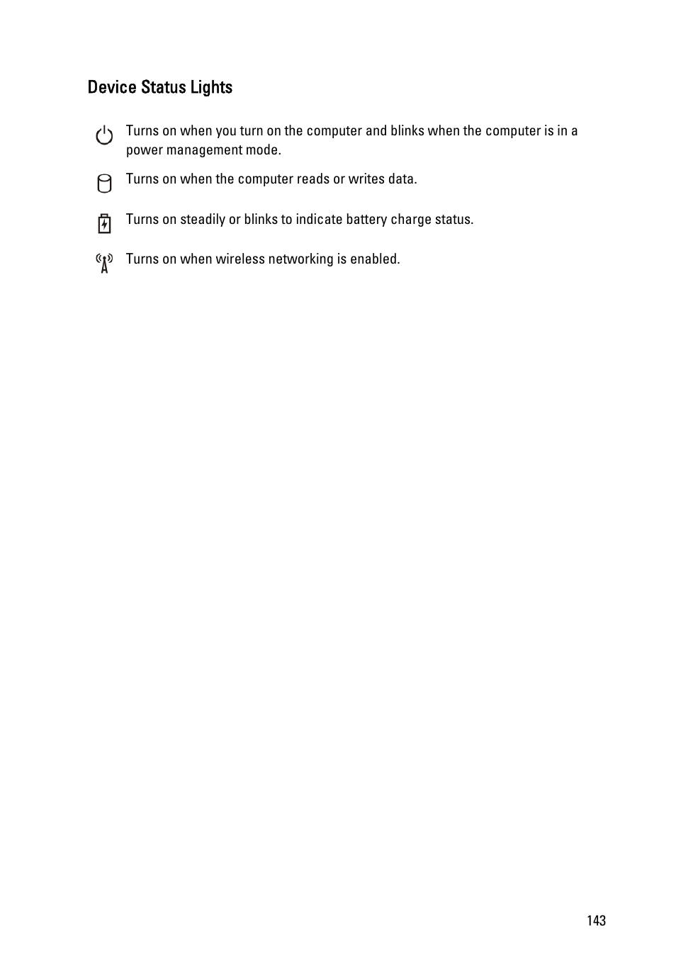 Device status lights | Dell Latitude E6420 (Early 2011) User Manual | Page 143 / 145