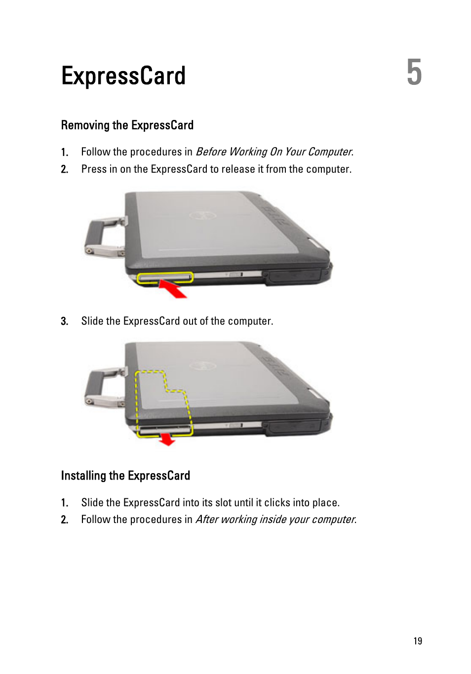 Expresscard, Removing the expresscard, Installing the expresscard | 5 expresscard | Dell Latitude E6420 (Early 2011) User Manual | Page 19 / 145