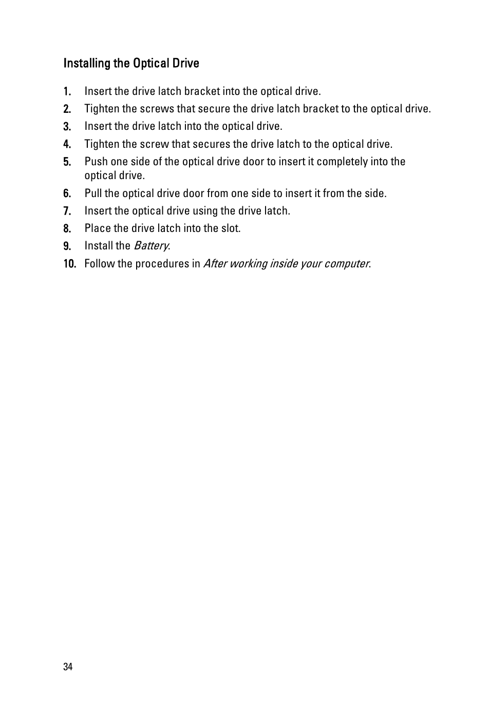 Installing the optical drive | Dell Latitude E6420 (Early 2011) User Manual | Page 34 / 145