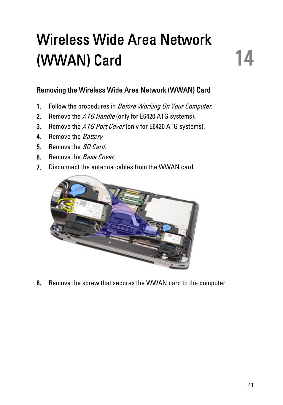 Wireless wide area network (wwan) card, 14 wireless wide area network (wwan) card | Dell Latitude E6420 (Early 2011) User Manual | Page 41 / 145