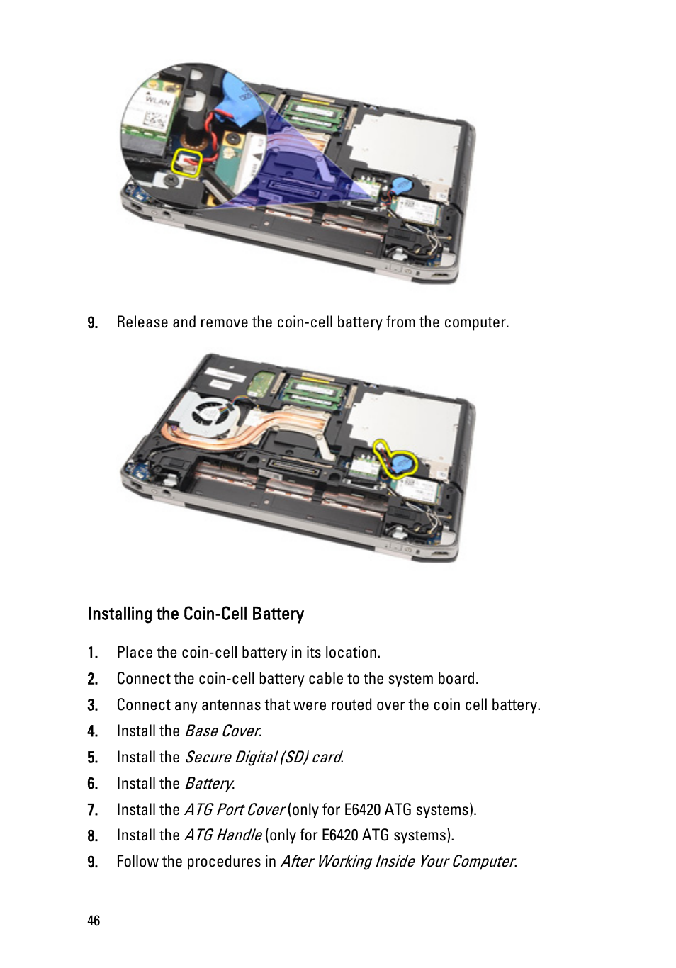 Installing the coin-cell battery | Dell Latitude E6420 (Early 2011) User Manual | Page 46 / 145