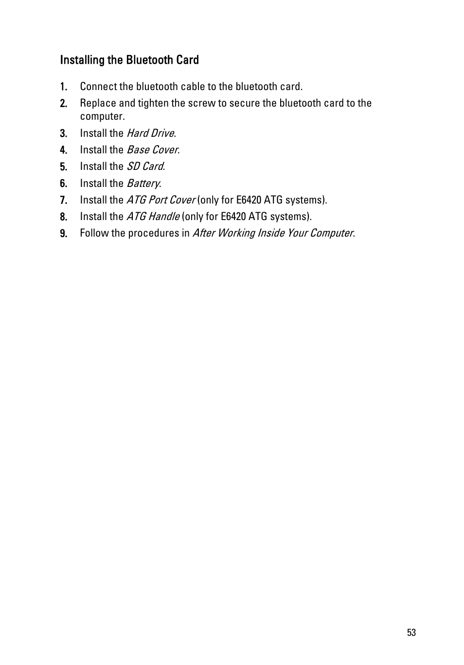 Installing the bluetooth card | Dell Latitude E6420 (Early 2011) User Manual | Page 53 / 145