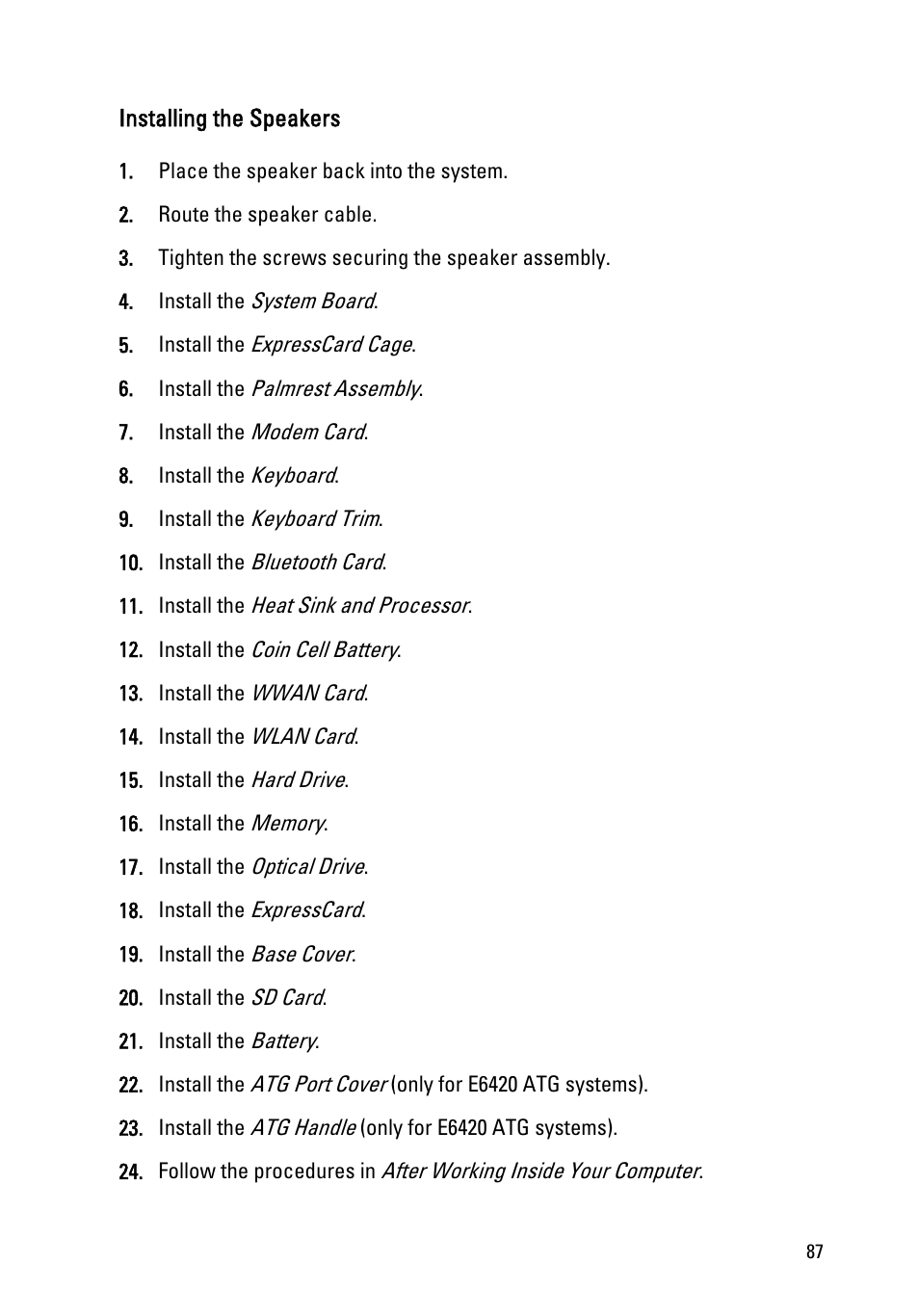 Installing the speakers | Dell Latitude E6420 (Early 2011) User Manual | Page 87 / 145