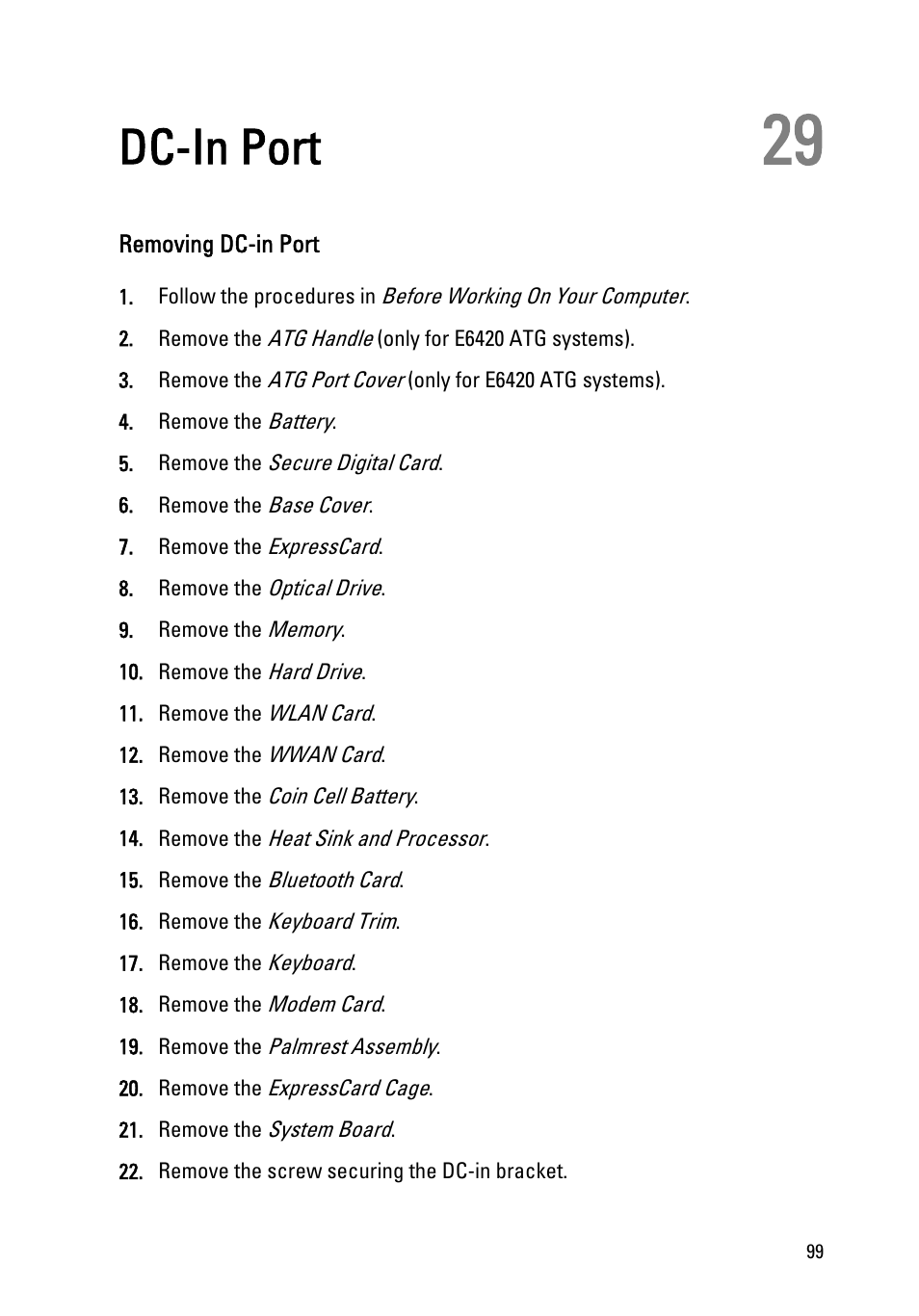 Dc-in port, Removing dc-in port, 29 dc-in port | Dell Latitude E6420 (Early 2011) User Manual | Page 99 / 145