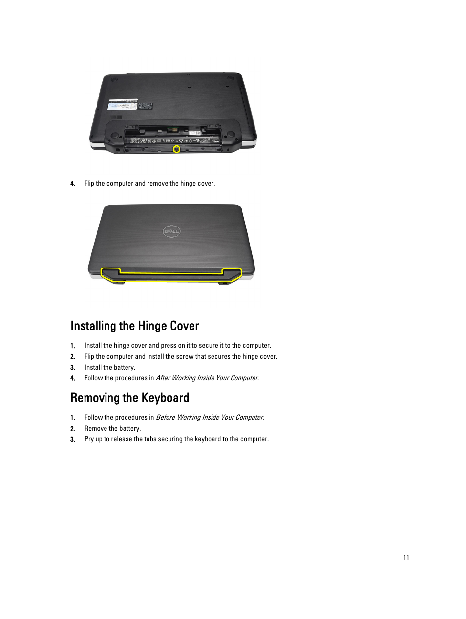 Installing the hinge cover, Removing the keyboard | Dell Vostro 2520 (Mid 2012) User Manual | Page 11 / 55