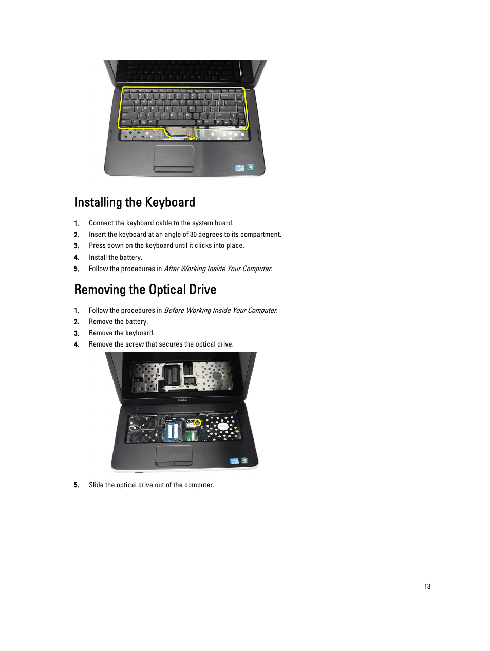 Installing the keyboard, Removing the optical drive | Dell Vostro 2520 (Mid 2012) User Manual | Page 13 / 55