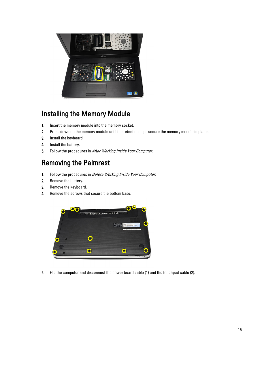 Installing the memory module, Removing the palmrest | Dell Vostro 2520 (Mid 2012) User Manual | Page 15 / 55