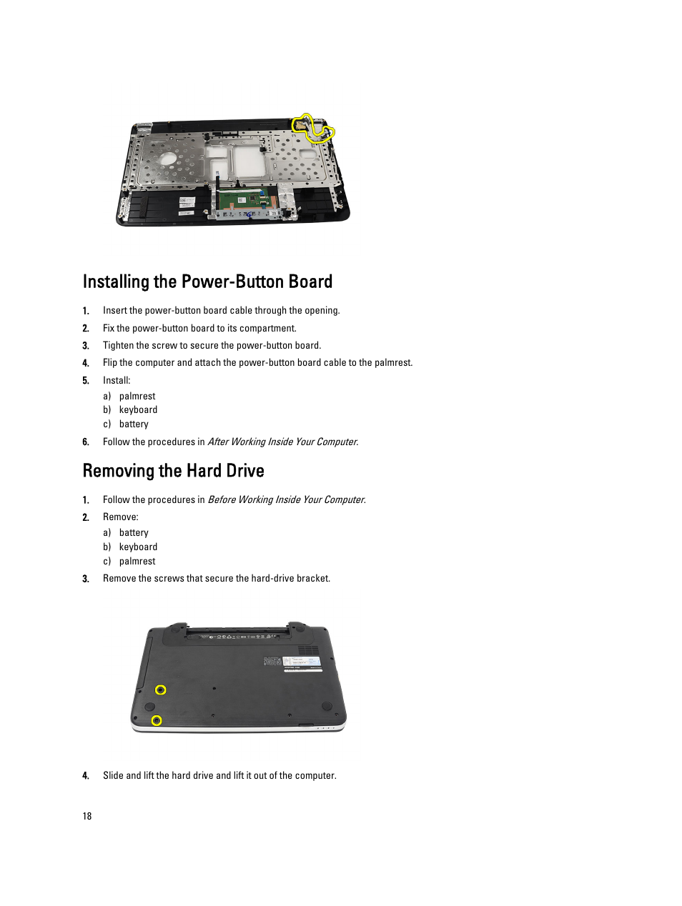 Installing the power-button board, Removing the hard drive | Dell Vostro 2520 (Mid 2012) User Manual | Page 18 / 55