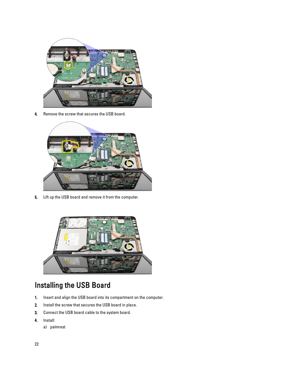 Installing the usb board | Dell Vostro 2520 (Mid 2012) User Manual | Page 22 / 55