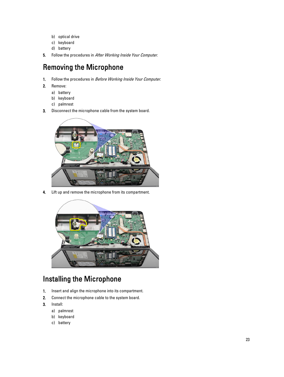 Removing the microphone, Installing the microphone | Dell Vostro 2520 (Mid 2012) User Manual | Page 23 / 55