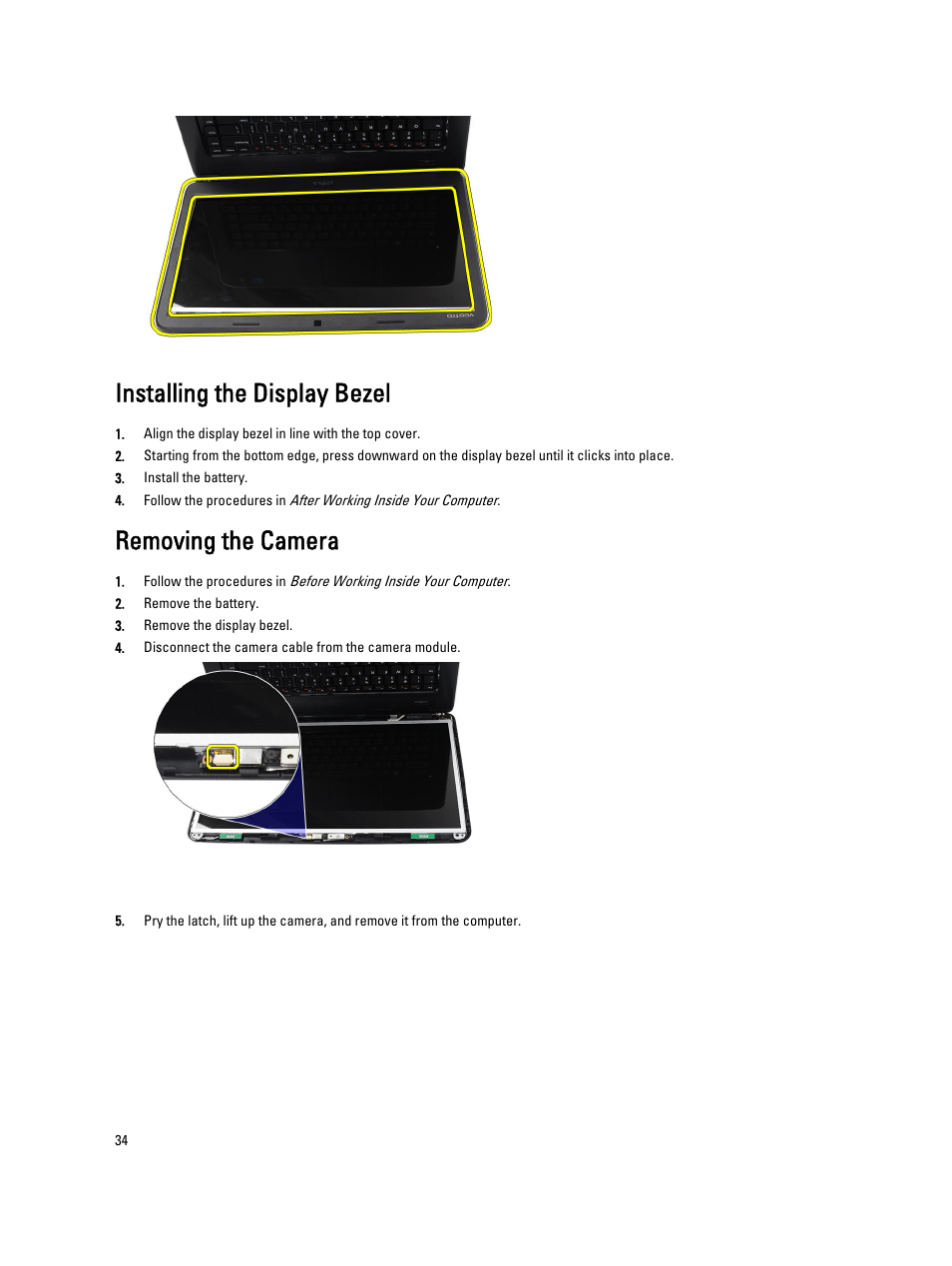 Installing the display bezel, Removing the camera | Dell Vostro 2520 (Mid 2012) User Manual | Page 34 / 55