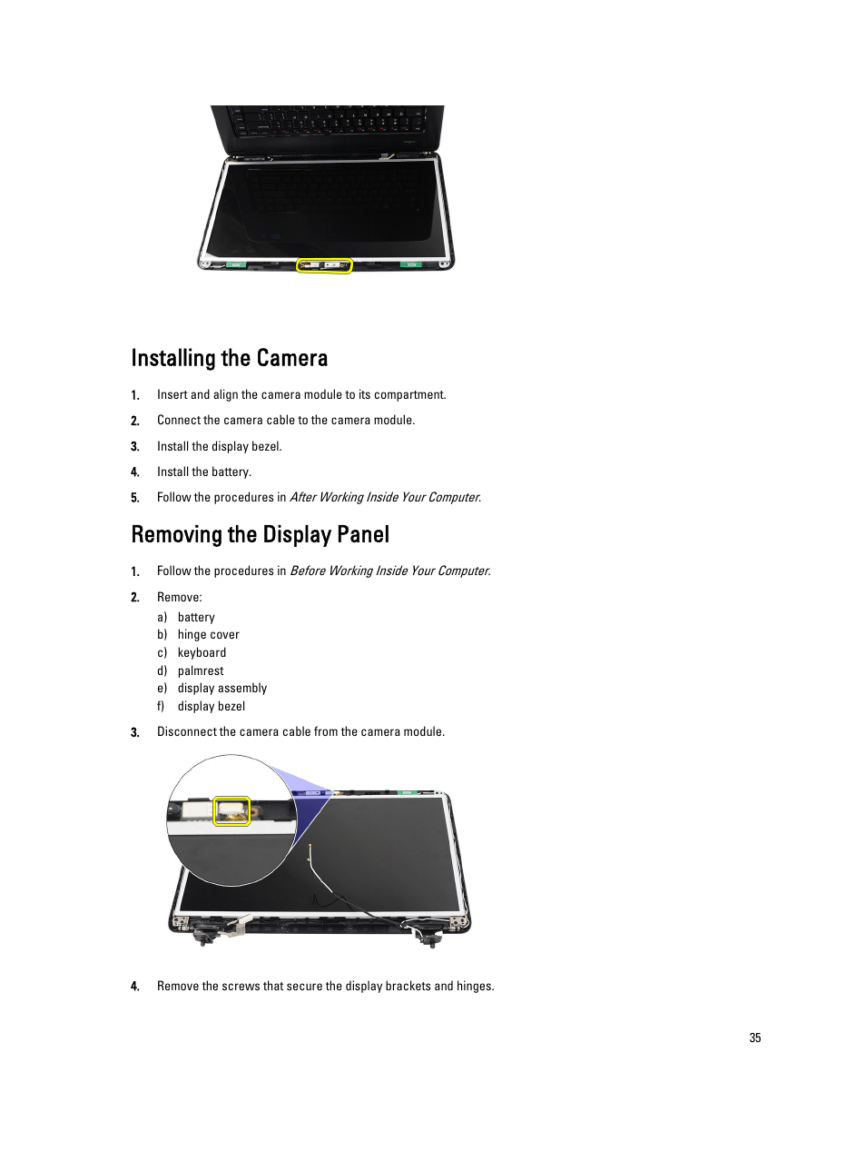 Installing the camera, Removing the display panel | Dell Vostro 2520 (Mid 2012) User Manual | Page 35 / 55
