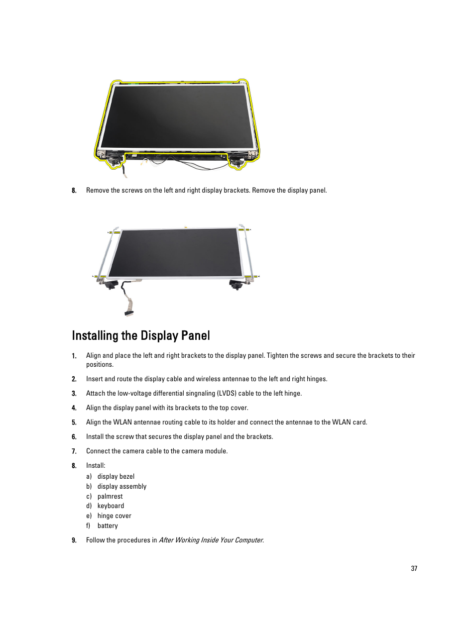 Installing the display panel | Dell Vostro 2520 (Mid 2012) User Manual | Page 37 / 55