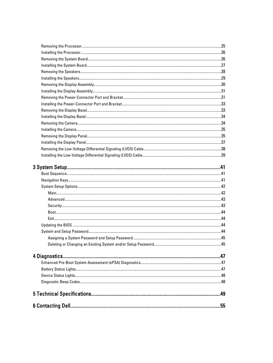 3 system setup, 4 diagnostics, 5 technical specifications 6 contacting dell | Dell Vostro 2520 (Mid 2012) User Manual | Page 4 / 55