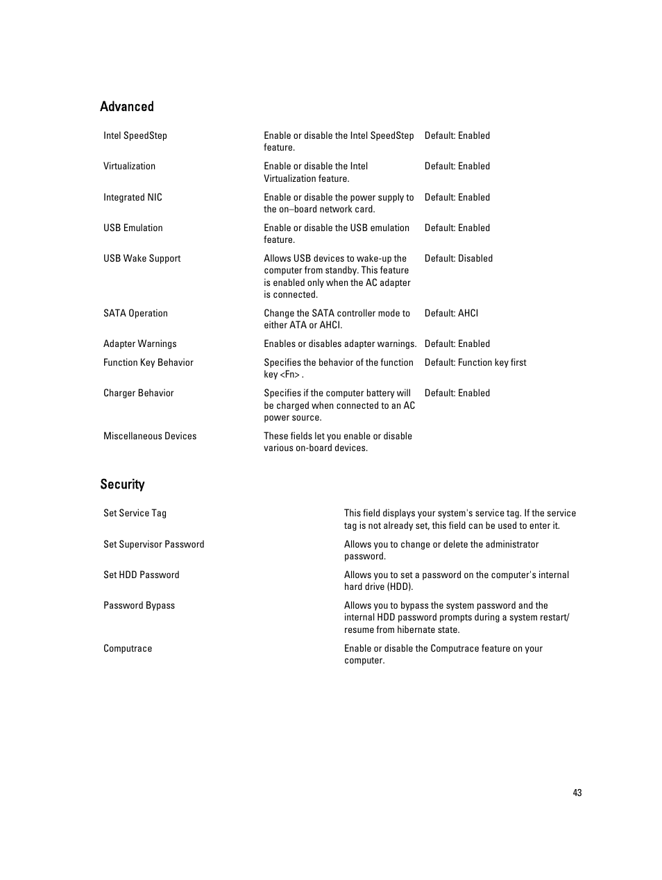 Advanced, Security | Dell Vostro 2520 (Mid 2012) User Manual | Page 43 / 55