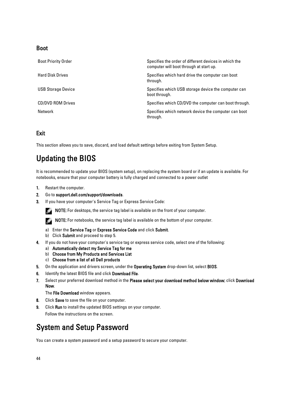 Boot, Exit, Updating the bios | System and setup password | Dell Vostro 2520 (Mid 2012) User Manual | Page 44 / 55