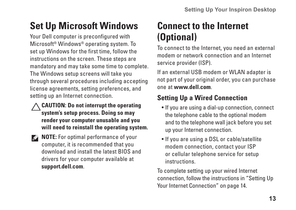 Set up microsoft windows, Connect to the internet (optional) | Dell Inspiron 580s (Late 2009) User Manual | Page 15 / 72