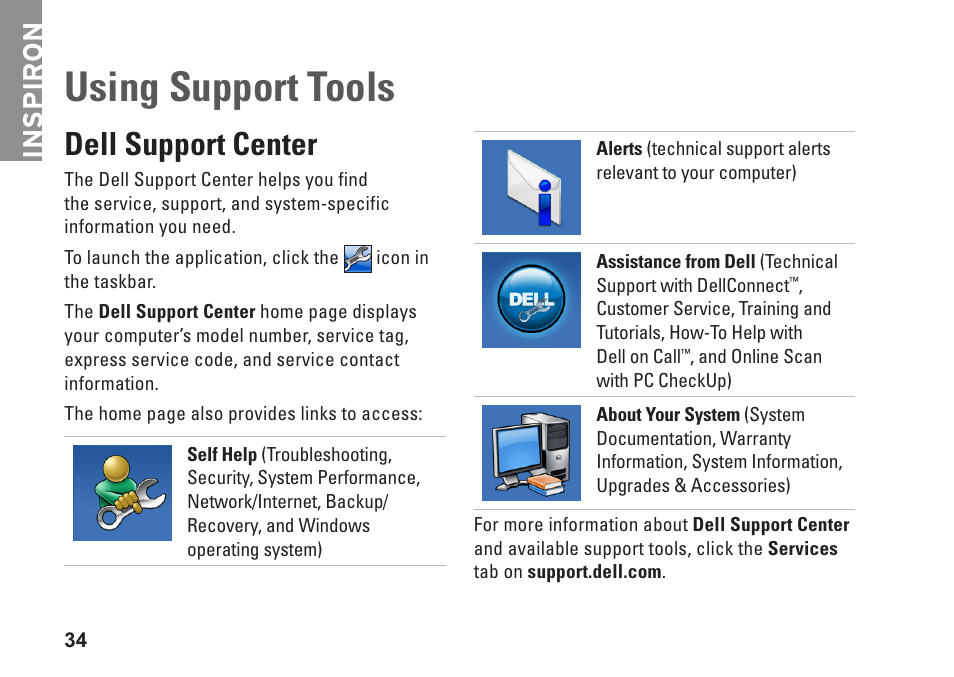 Using support tools, Dell support center, Inspiron | Dell Inspiron 580s (Late 2009) User Manual | Page 36 / 72