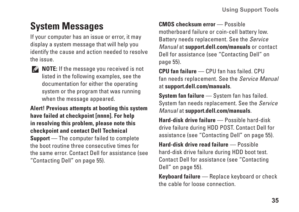 System messages | Dell Inspiron 580s (Late 2009) User Manual | Page 37 / 72