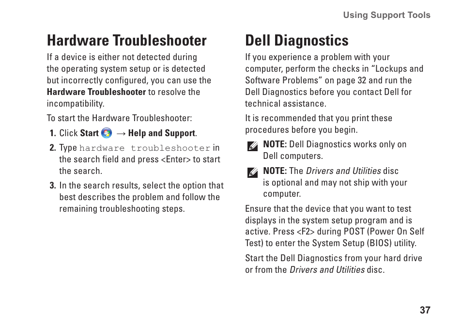 Hardware troubleshooter, Dell diagnostics, Hardware troubleshooter dell diagnostics | Dell Inspiron 580s (Late 2009) User Manual | Page 39 / 72