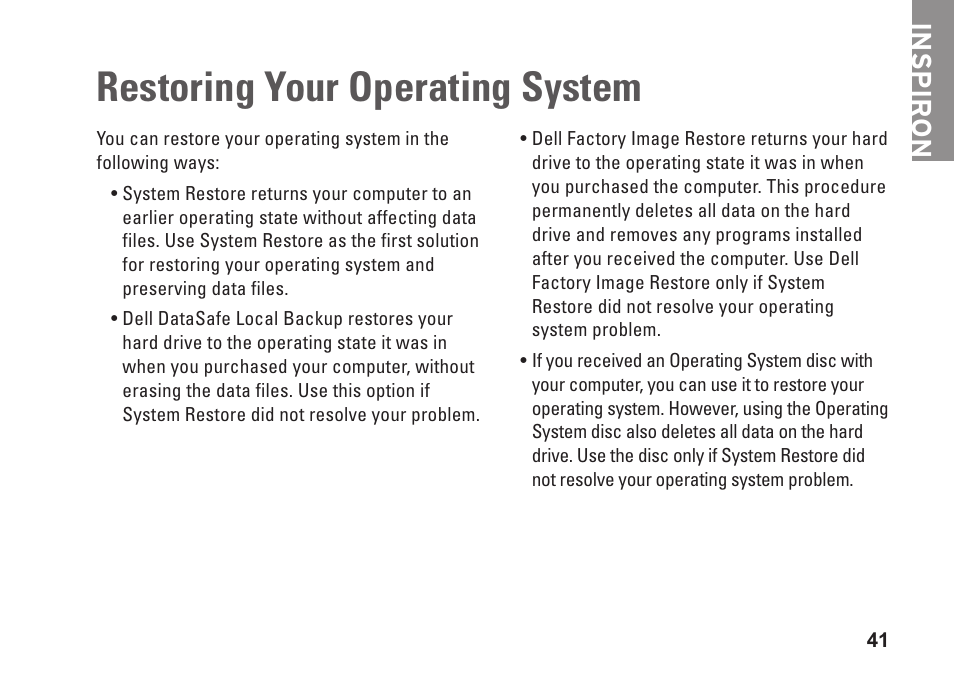 Restoring your operating system, Inspiron | Dell Inspiron 580s (Late 2009) User Manual | Page 43 / 72