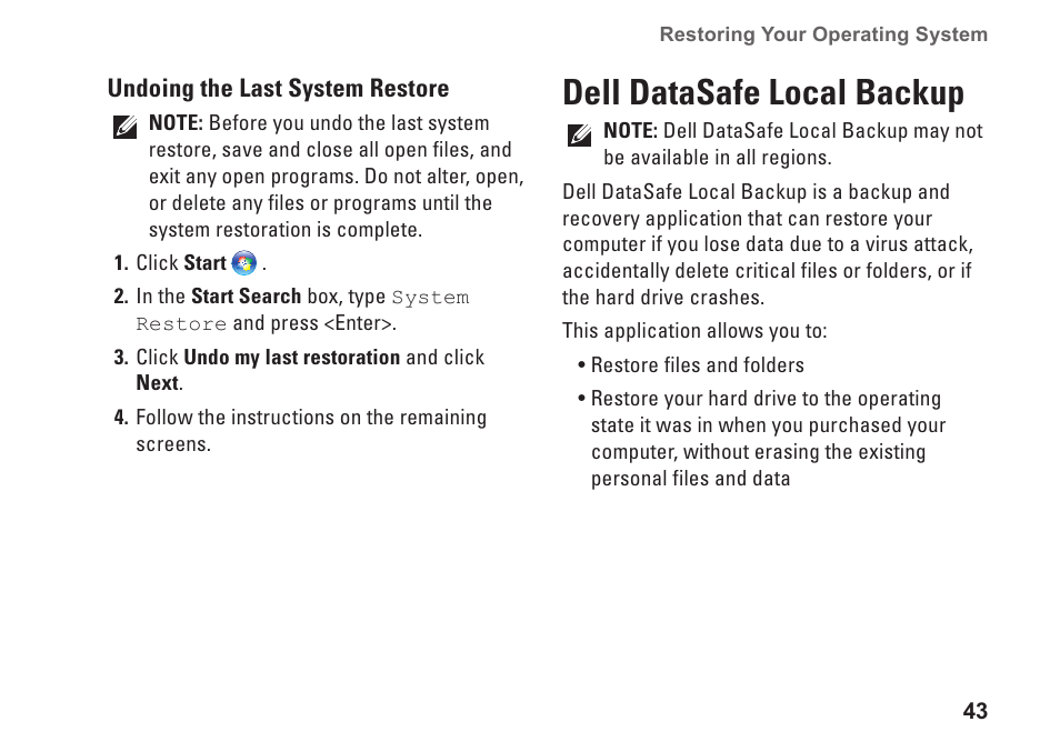 Dell datasafe local backup | Dell Inspiron 580s (Late 2009) User Manual | Page 45 / 72