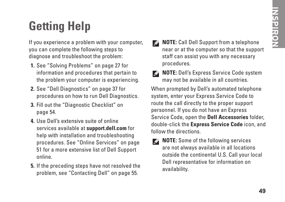 Getting help, Inspiron | Dell Inspiron 580s (Late 2009) User Manual | Page 51 / 72