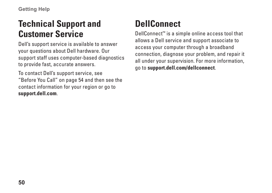 Technical support and customer service, Dellconnect, Technical support and customer | Service dellconnect | Dell Inspiron 580s (Late 2009) User Manual | Page 52 / 72