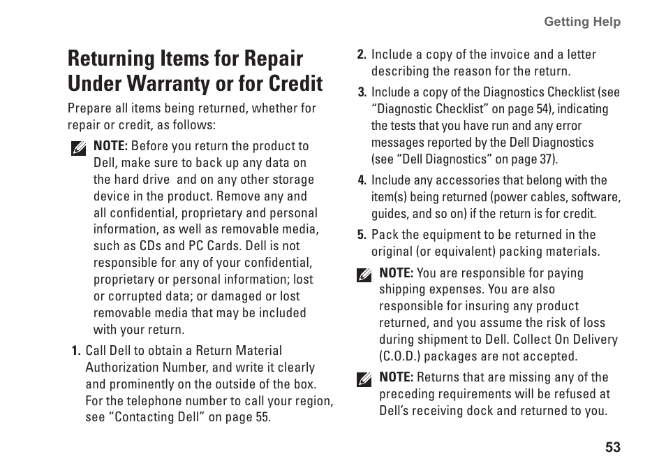 Returning items for repair under, Warranty or for credit | Dell Inspiron 580s (Late 2009) User Manual | Page 55 / 72