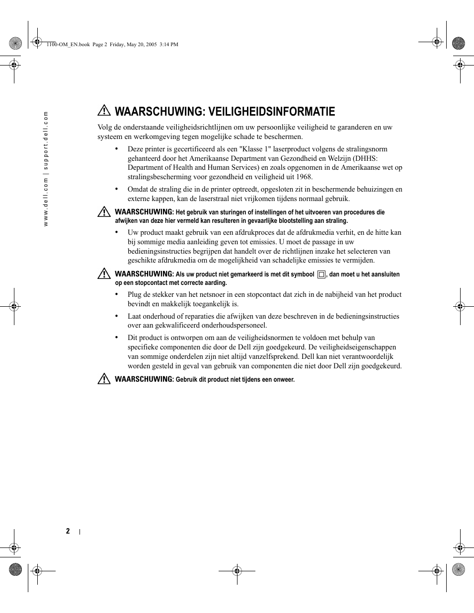 Waarschuwing: veiligheidsinformatie | Dell 1100 Laser Mono Printer User Manual | Page 10 / 95