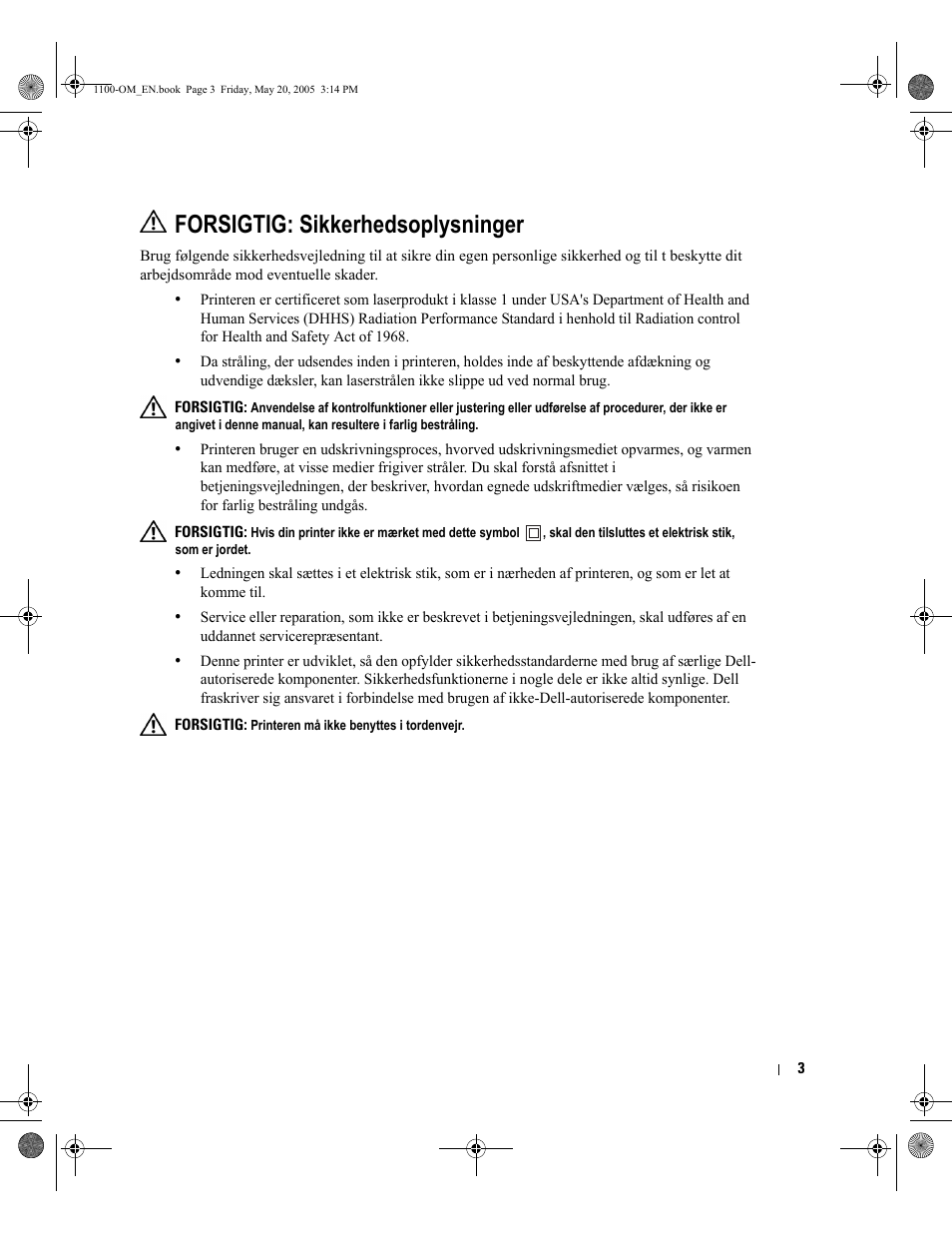 Forsigtig: sikkerhedsoplysninger | Dell 1100 Laser Mono Printer User Manual | Page 11 / 95